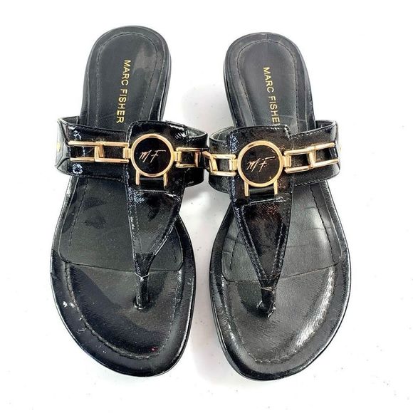 Marc Fisher Women’s Sz 9M Black Thing Heel Metal Detail Sandals - Picture 4 of 10